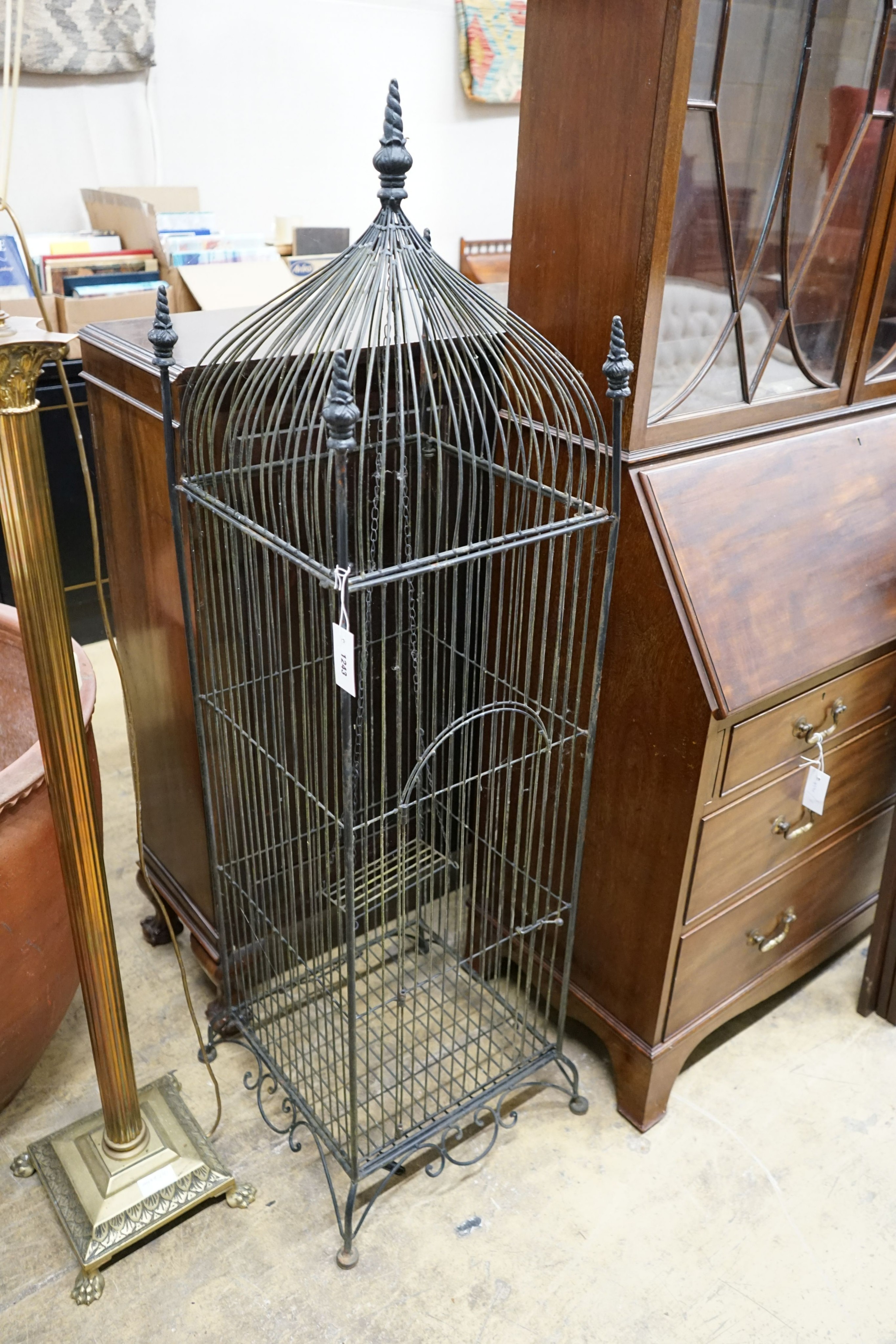 A painted wirework bird cage, height 150cm